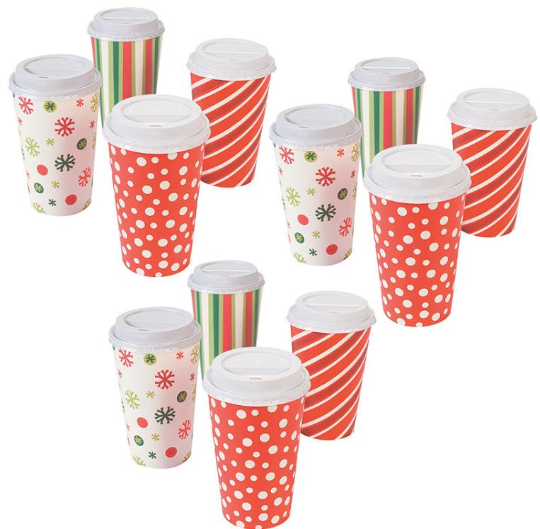 16 oz. Bulk 60 Ct. Bright Christmas Pattern Disposable Paper Coffee Cups with Lids