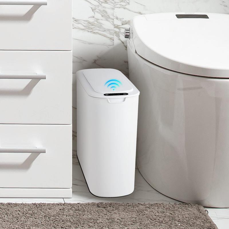 Automatic Motion Sensor Bathroom Trash Can with Lid, 2.6 Gallon Touchless Trash Can, Smart Plastic Slim Trash Can Small White Wastebasket, Hand Light