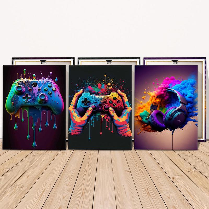 Wooden Framed Canvas Painting, 3 Counts set Game Console Graffiti Poster, Modern Art Wall Decoration, Home Decoration Poster for Living Room, Bedroom