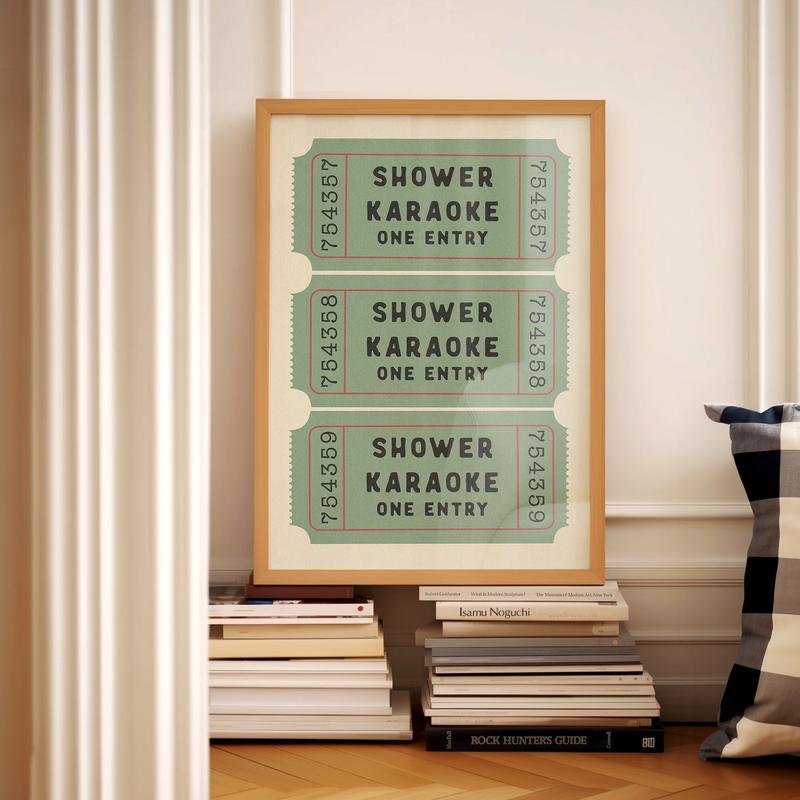 Shower Karaoke Ticket Print Green Bathroom Retro Cream Aesthetic Shower Singing Funny Wall Art Vintage Trendy Home Decor Physical Print