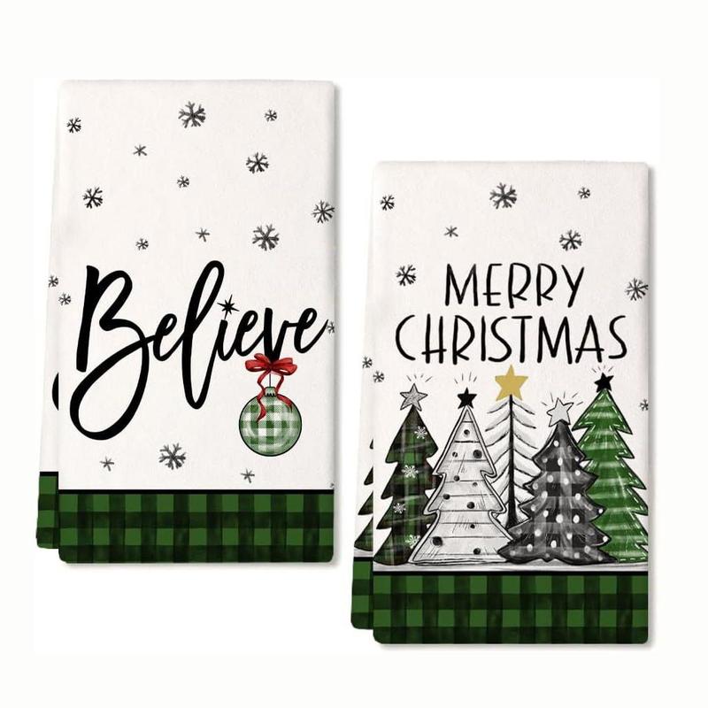 Christmas Themed Kitchen Towel, 2 Counts set Merry Christmas Lettering Soft Absorbent Towel, Kitchen Cleaning Towel, Kitchen Accessories