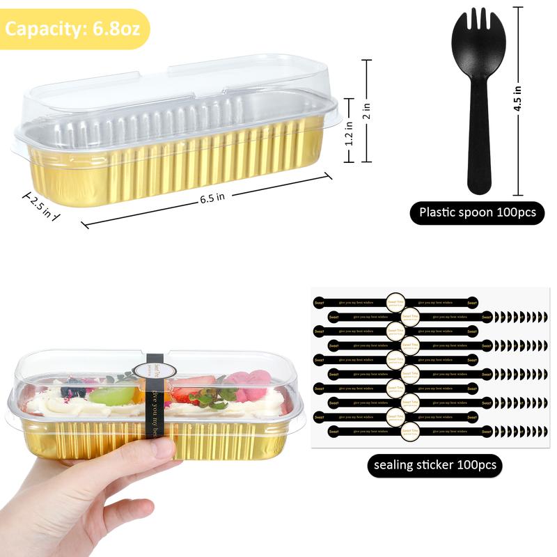 Mini Loaf Pans with Lids and Spoons, 100 Pack, Gold, 6.8oz, Disposable Rectangular Aluminum Foil Baking Pans