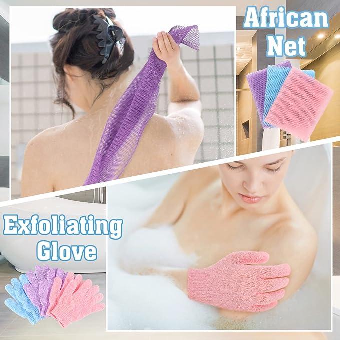 6 Pack African Net Sponge Exfoliating Glove Set, 3 Bath Sponge Body Scrubber Back Scrubber and 3 Pairs Accessories Skincare bodycare