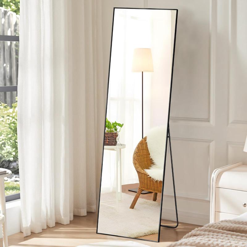 Full Length Mirror with Stand, 59''×16'' Floor Mirror with Aluminum Alloy Frame for Bedroom,  Rectangular, Arched, Free Standing Full Body Mirror with Shatter-Proof Glass for Wall, Living Room, Cloakroom, Black and Gold