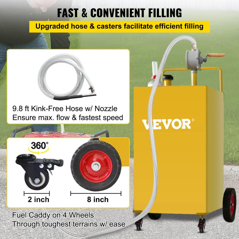 VEVOR 30 Gallon Fuel Caddy, Gas Storage Tank & 4 Wheels, with Manuel Transfer Pump, Gasoline Diesel Fuel Container for Cars, Lawn Mowers, ATVs, Boats, More, Yellow Bottles Hand