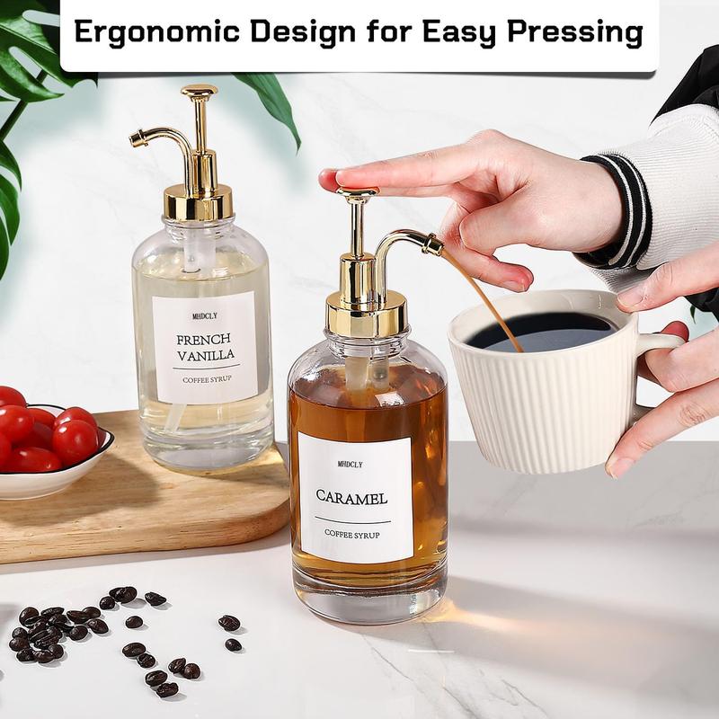 4 Pcs Syrup Dispenser For Coffee Bar, Coffee Syrup Pump Dispenser Glass Bottle, Coffee Bar Accessories 16.9oz Syrup Dispenser With Labels,Syrup Pump Dispenser For Coffee Bar Set Organiser