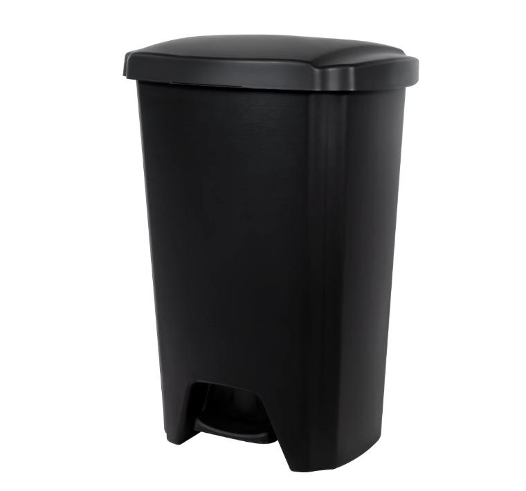 Durable Plastic Step-On Kitchen Trash Can, 12.1 Gallon Capacity, Black