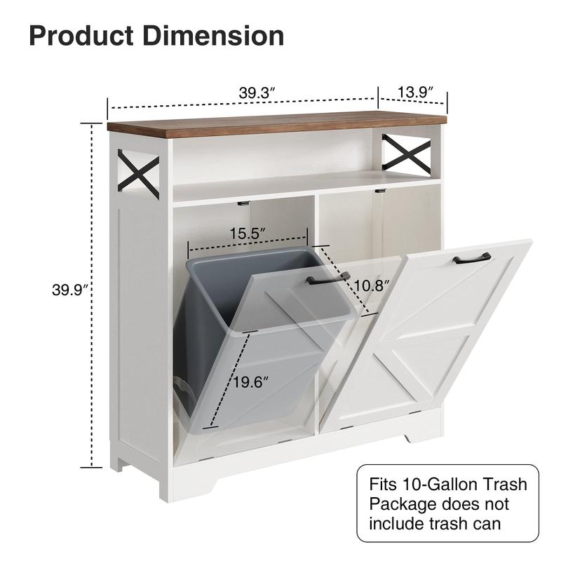 Vabches White Tilt Out Trash Can Cabinet for 10 Gallon Trash Can, Farmhouse Kitchen Island Bin Cabinet with Adjustable Shelf for Hidden Laundry Basket, Dual Dog Proof Garbage Can for Dining Room, Living Room