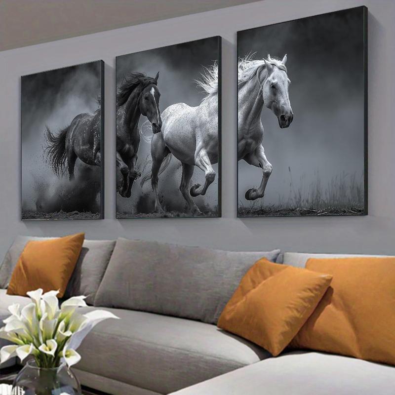 Horse Pattern Canvas Poster without Frame, 3 Counts set Artistic Painting of Running Horses, Wall Art Decor for Home Living Room Bedroom Office