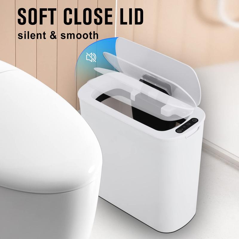 Automatic Motion Sensor Bathroom Trash Can with Lid, 2.6 Gallon Touchless Trash Can, Smart Plastic Slim Trash Can Small White Wastebasket, Hand Light