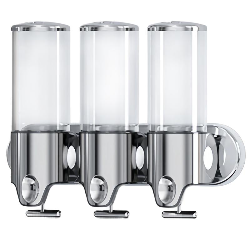 Triple Wall Mount Shower Pump, 3 x 15 fl. oz. Shampoo and Soap Dispensers, Stainless Steel Wall-Mounted 3-in-1 shower soapdispenser