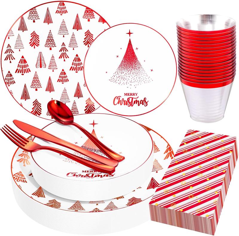 Nervure 175PCS Christmas Plastic Plates - Withe and Red Disposable Plates - Christmas Tree Plates Include 25Dinner Plates, 25Dessert Plates, 75Silverware, 25Cups, 25 Napkins for Christmas Party