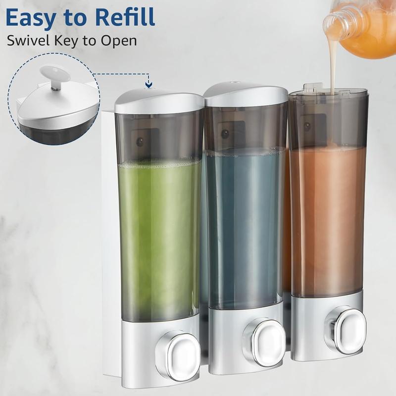 Soap Dispenser for Kitchen Bathroom No Drill, Body Wash Dispenser for Shower Wall Mounted Shampoo and Conditioner Pump Dispenser 3 Chamber 1200ml Sliver