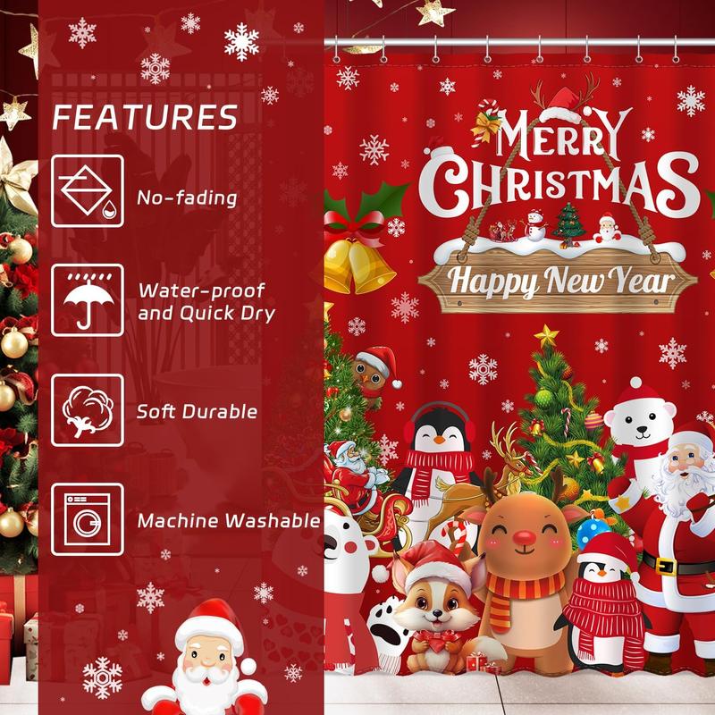 Merry Christmas and Happy New Year Shower Curtain, Santa Claus Snowman Home Bathroom Decor, Polyester Cloth Fabric Bath Curtain with 12 Hooks (72x72 Inches, Christmas Red)