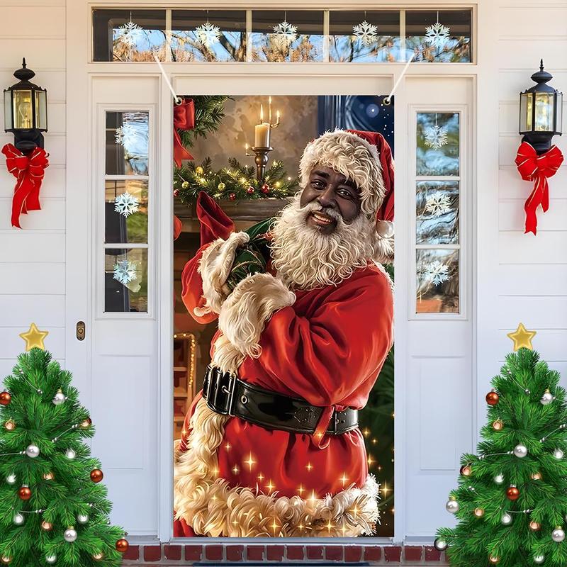 Santa Claus Door Cover, 1 Count Christmas Themed Door Decoration, Door Hanging Decoration with 4 Rings, Festive & Party Supplies