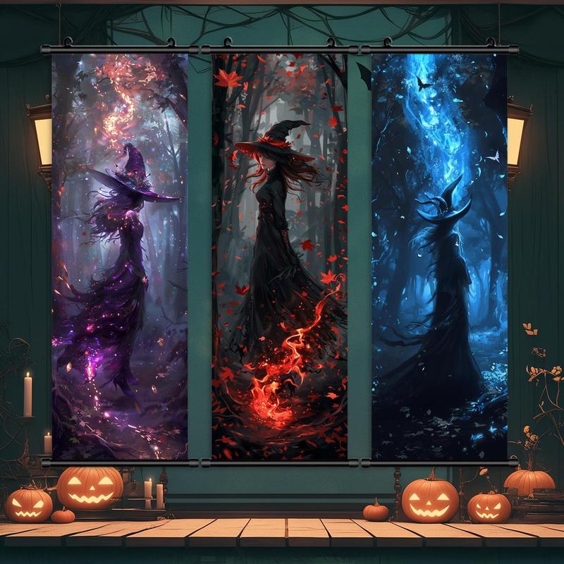 Witch Pattern Hanging Banner, 3 Counts set Mysterious Flame Pattern Wall Art, Wall Decor for Home Living Room Bedroom Party, Home Decor