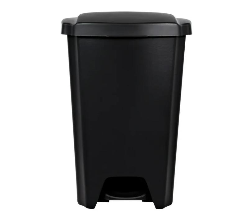 Durable Plastic Step-On Kitchen Trash Can, 12.1 Gallon Capacity, Black