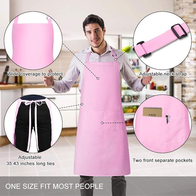 2 Pack Bib Aprons with 2 Pockets Cooking Chef Kitchen Apron for Women Men, Pink