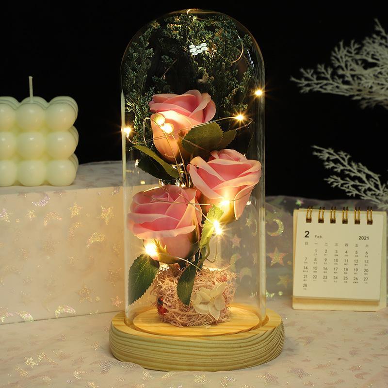 Christmas Artificial Rose with Transparent Glass Storage Box & LED Light, 1 Count Decorative Flower Plants for Home & Party, Decorative Flowers Ornaments DIY Accessories