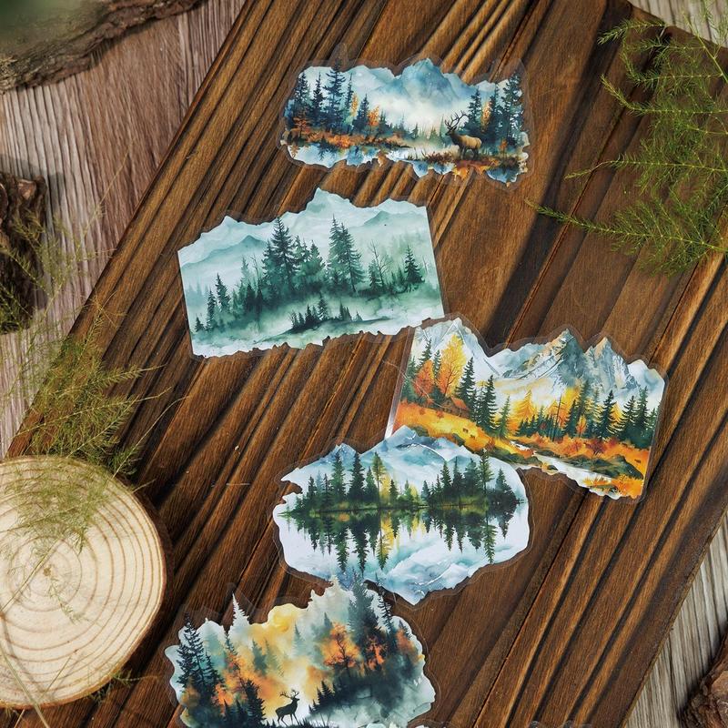 Mountain & River & Tree Pattern Sticker, 10pcs pack Scrapbooking & Stamping Sticker, DIY Decorative Sticker for Stationery Computer Water Bottle