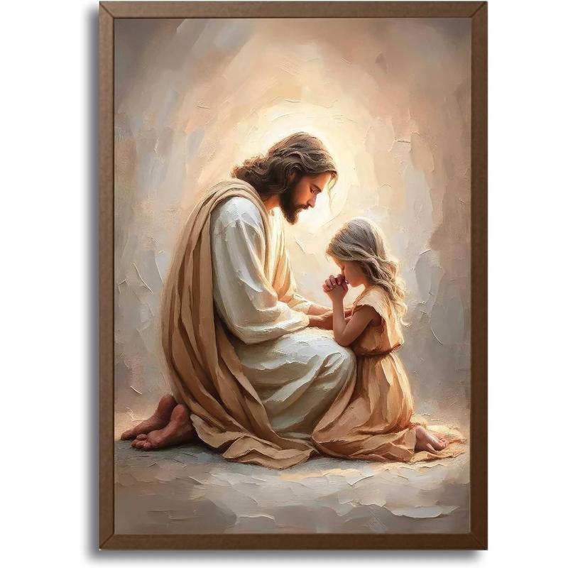 Jesus Praying with Girl Wall Art Christian Canvas Paintings Jesus with Children Wall Decor Religious Bible Story Posters Prints for Living Bedroom Room Church Home Pictures Decoration Unframe