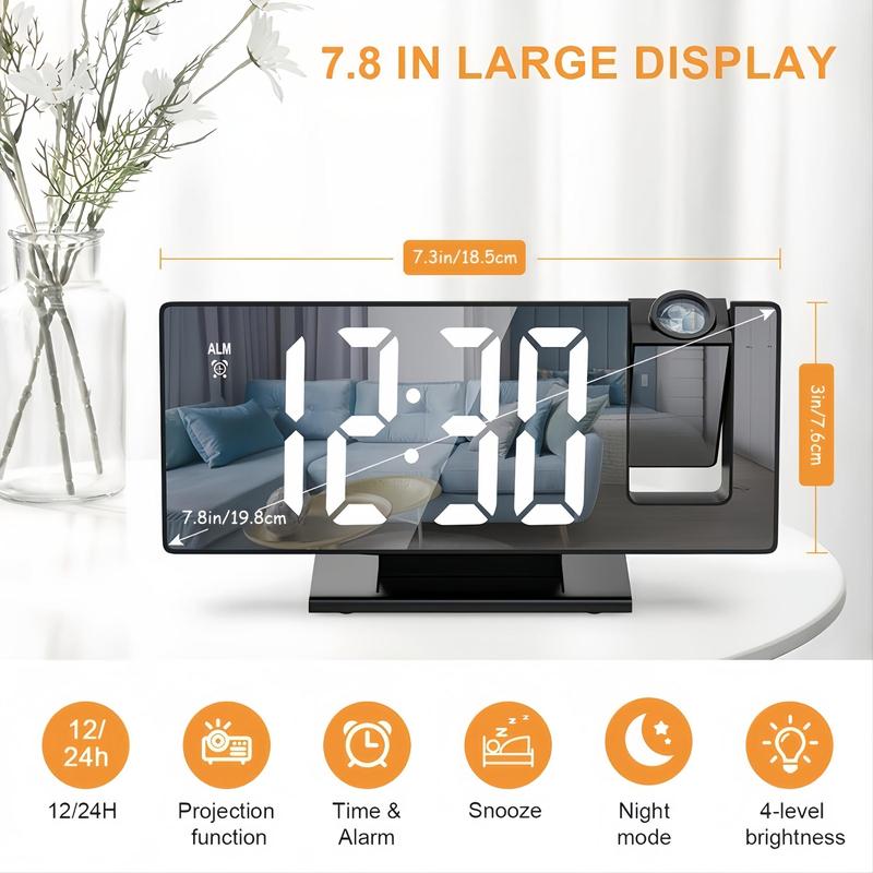 Digital Alarm Clock, 1 Count USB Powered Multifunctional LED Mirror Screen Clock, Desktop Electronic Clock with Time Projection & Alarm, Snooze, Memory Function