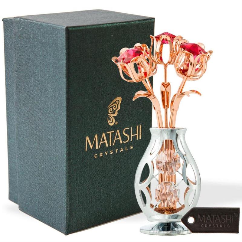 Matashi Gift for Her - Flowers Bouquet in Vase Ornament with Red Crystals, Gift Basket Ideas for Women - Rose Gold Plated Flower Gift for Mom on Mother's Day