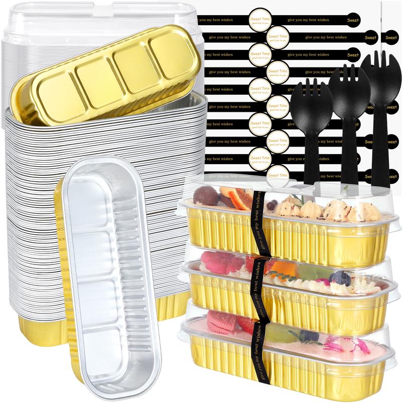 Mini Loaf Pans with Lids and Spoons, 100 Pack, Gold, 6.8oz, Disposable Rectangular Aluminum Foil Baking Pans