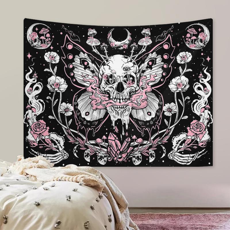 Floral & Skull Pattern Tapestry, Halloween Butterfly Mushroom Print Tapestry, Wall Hanging Decor for Home Living Room Bedroom, Room Decor