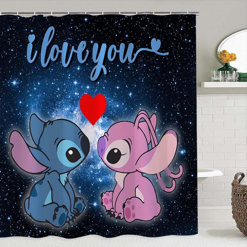 Cartoon Stitch Pattern Shower Curtain, 1 Count Waterproof Bathroom Curtain with 12 Hooks, Bathroom Decor Supplies for Home Hotel Salon Dormitory