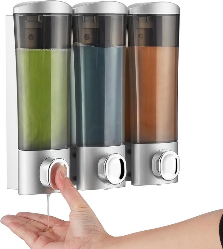 Soap Dispenser for Kitchen Bathroom No Drill, Body Wash Dispenser for Shower Wall Mounted Shampoo and Conditioner Pump Dispenser 3 Chamber 1200ml Sliver