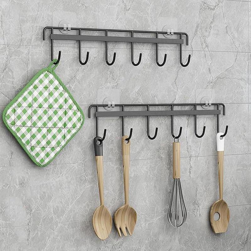 2Pcs Kitchen Utility Hooks,Wall Mount Kitchen Utensil Rack with 6 Hooks,Wall Mounted Rail,No Drilling Kitchen Utensil Holder,Space Saving Kitchen Wall Hooks for Kitchen Bathroom. (black)