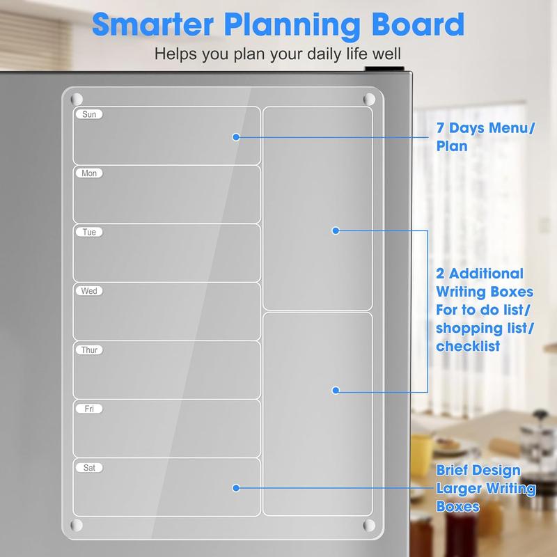 Acrylic Magnetic Calendar, Acrylic Meal Planner Magnetic Menu Board for Kitchen Fridge w  8 Markers, Clear Weekly Calendar Planning Board Noteboard Refrigerator Dry Erase Board to Do Grocery Shopping List Chore Chart, 12.8x9’’ Decor Gift