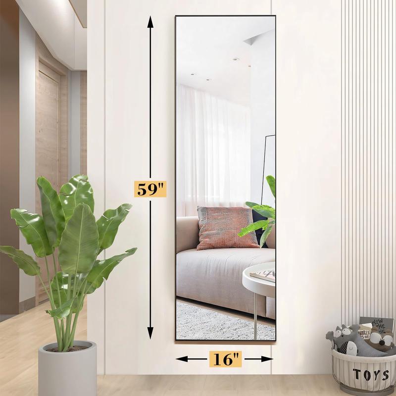 Full Length Mirror with Stand, 59''×16'' Floor Mirror with Aluminum Alloy Frame for Bedroom,  Rectangular, Arched, Free Standing Full Body Mirror with Shatter-Proof Glass for Wall, Living Room, Cloakroom, Black and Gold