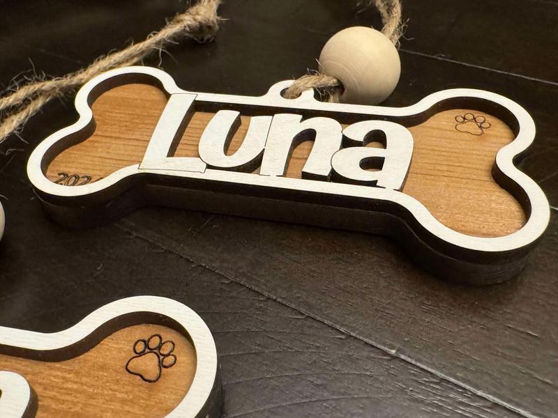 Reclaimed Wood Dog Bone Ornament Hanging Charm customized with name