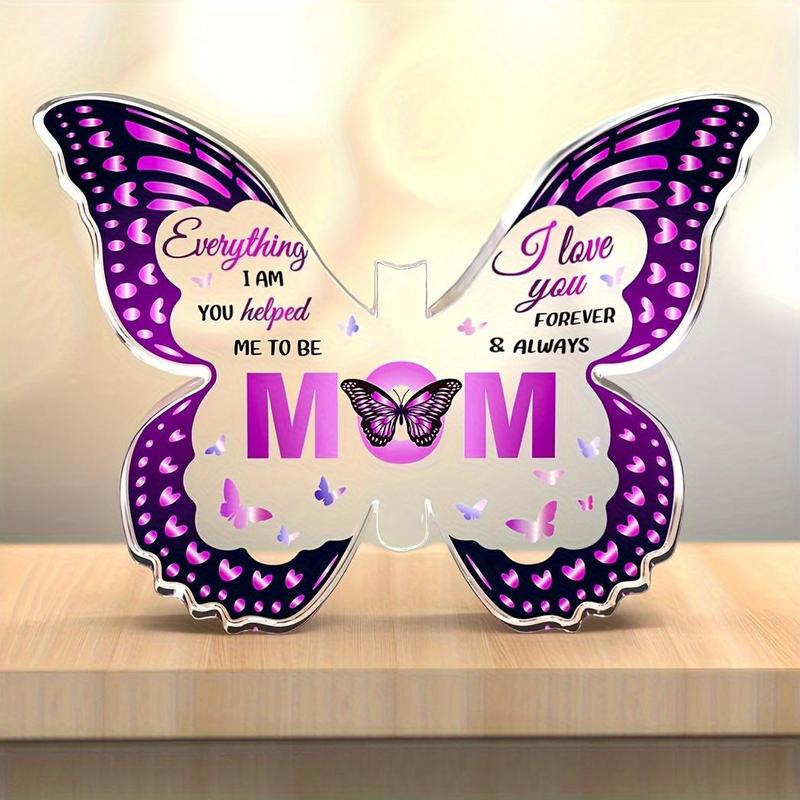 Butterfly Shaped Acrylic Ornament, Butterfly & Letter Pattern Decorative Plaque, Creative Gift for Mom, Desk Ornament for Home and Office