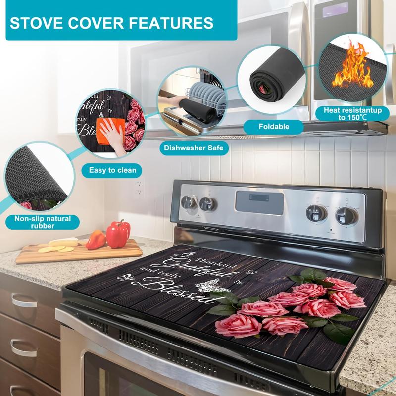 Rose & Letter Pattern Stove Top Cover, 1 Count Waterproof Thickened Rubber Protective Pad with 2 Hooks, Heat Resistant Non-slip Stove Top Cover