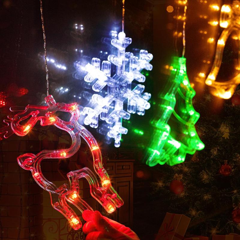 Christmas Window Decorations,4 Pack Jingle Bell Reindeer Christmas Tree Snowflake Christmas Window Lights with Suction Cup,Battery Operated(exclude) Indoor Lights for New Year Decorations Hook Slide