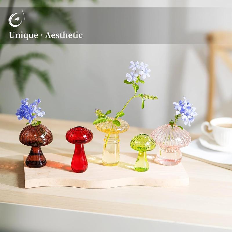 Mushroom Flower Vase, Cute Colored Glass Vase Set of 5,  Bud Small Vase , Aesthetic Decorative Vases for Home Decor, Hydroponic  Vase Indoor for Dining Room Centerpieces