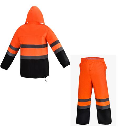 FX SAFETY Class 3 Orange Rain Suit   Includes Jacket with hood and Rain  Pants High Visibility Reflective Black Bottom Waterproof Reusable