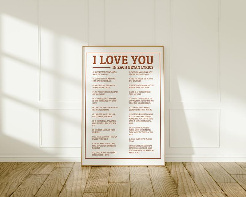 I Love You in Lyrics Poster, Coastal Cowgirl Art, Tour Print, Country Gallery Wall, Burnt Orange, Inspirational Wall Decorative Pictures Painting Home Wall Decor Unframe