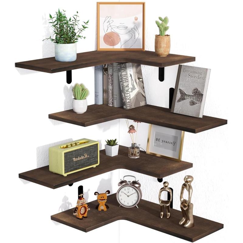 Corner Floating Wall Shelves Set of 4,Rustic Wood Shelves for Living Room, Bathroom, Bedroom,Kitchen Decor and Storage (Dark Brown) Shelf Frames Photo Wooden