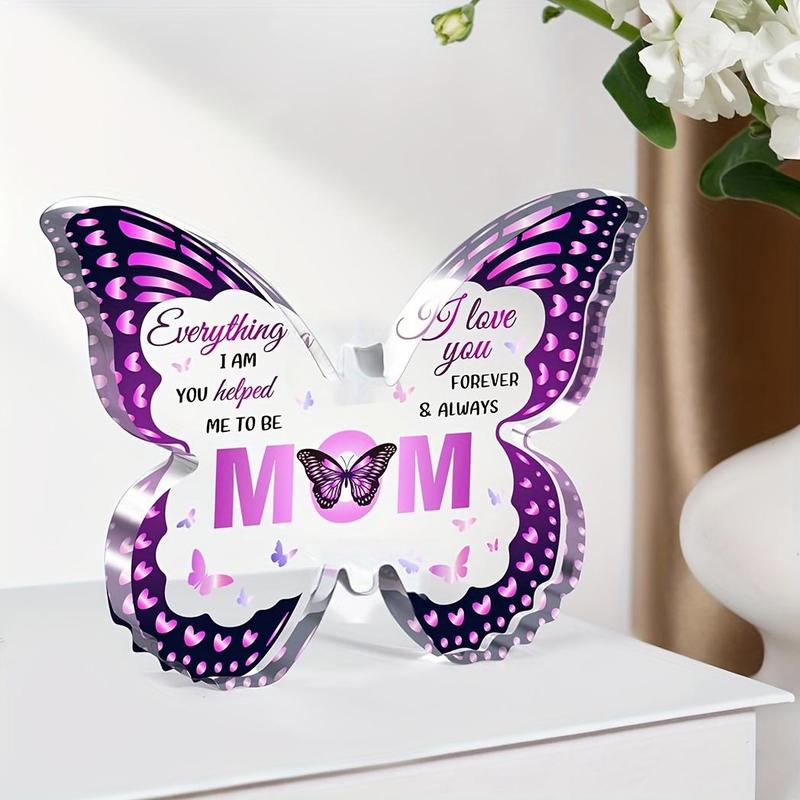 Butterfly Shaped Acrylic Ornament, Butterfly & Letter Pattern Decorative Plaque, Creative Gift for Mom, Desk Ornament for Home and Office