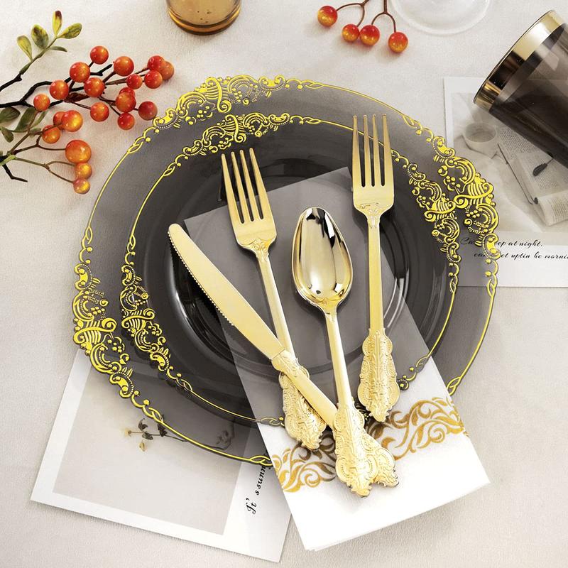 Nervure 175PCS Black Gold Plastic Plates Sets for 25 Guests Include 25 Dinner,Dessert Plates, 25 Cups,Forks,Knives,Spoons,Napkins for Parties&Birthday halloween decor