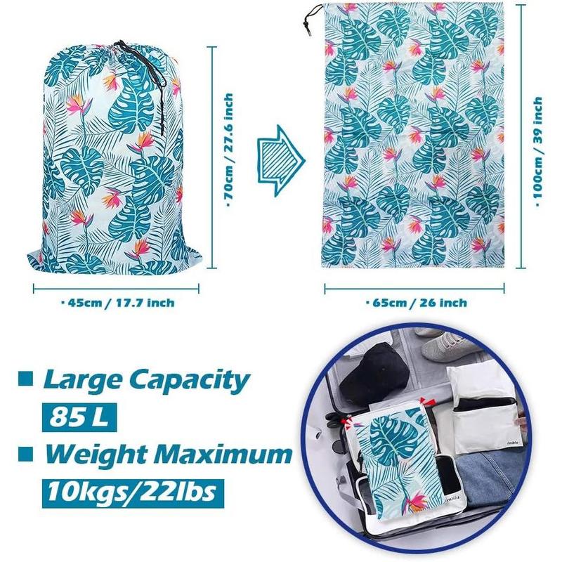 Washable Laundry Bag, (2 Pack) Dirty Clothes Hamper Liner with Drawstring Closure, Heavy Duty Rip-Stop Bag for Travel, Dorm, laundromat, 26x39 inches Light Leaf Print