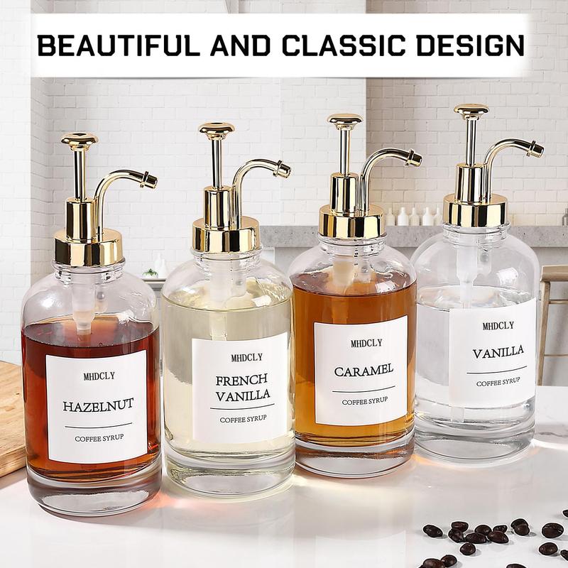 4 Pcs Syrup Dispenser For Coffee Bar, Coffee Syrup Pump Dispenser Glass Bottle, Coffee Bar Accessories 16.9oz Syrup Dispenser With Labels,Syrup Pump Dispenser For Coffee Bar Set Organiser