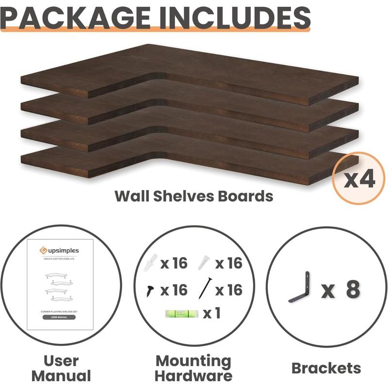 Corner Floating Wall Shelves Set of 4,Rustic Wood Shelves for Living Room, Bathroom, Bedroom,Kitchen Decor and Storage (Dark Brown) Shelf Frames Photo Wooden