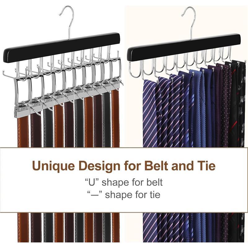 2 in 1 Belt Tie Hanger for Closet Max 30 Belts with 30 Ties Capacity, 20 Hooks Belt Tie Racks Wooden Hanger for Closet Organizer Storage “U” Fit for Belt and “” Fit for Tie - CT47B Hanging