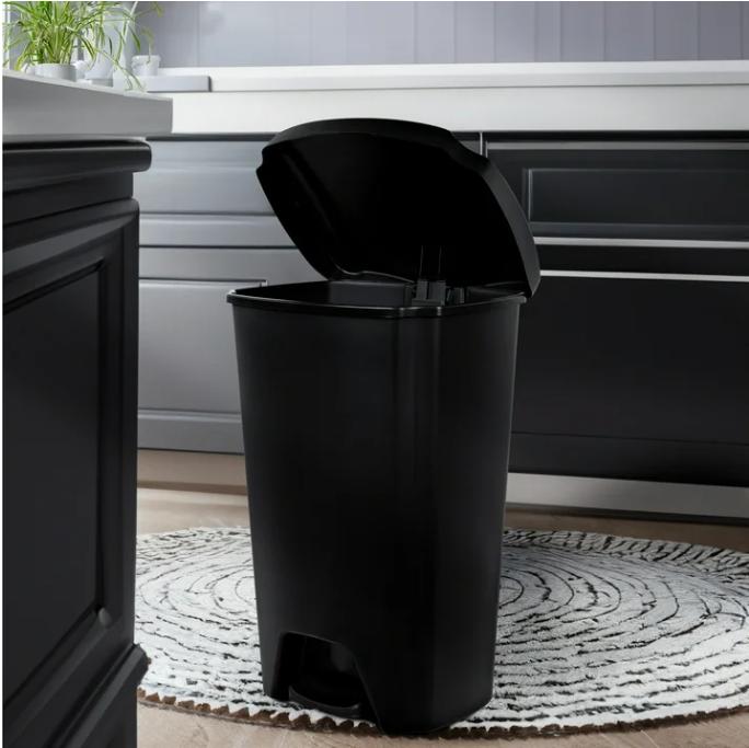 Durable Plastic Step-On Kitchen Trash Can, 12.1 Gallon Capacity, Black