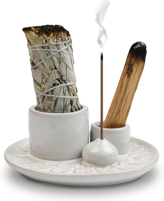 4 in 1 Incense Burner Holder,Sage Holder for ,Palo Santo Holder,Candle Holder,Ceramic Incense Burner Ash Catcher Tray for Meditation Yoga Room. (white)